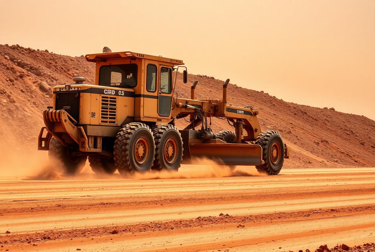 Motor grader levelling a mine haul road