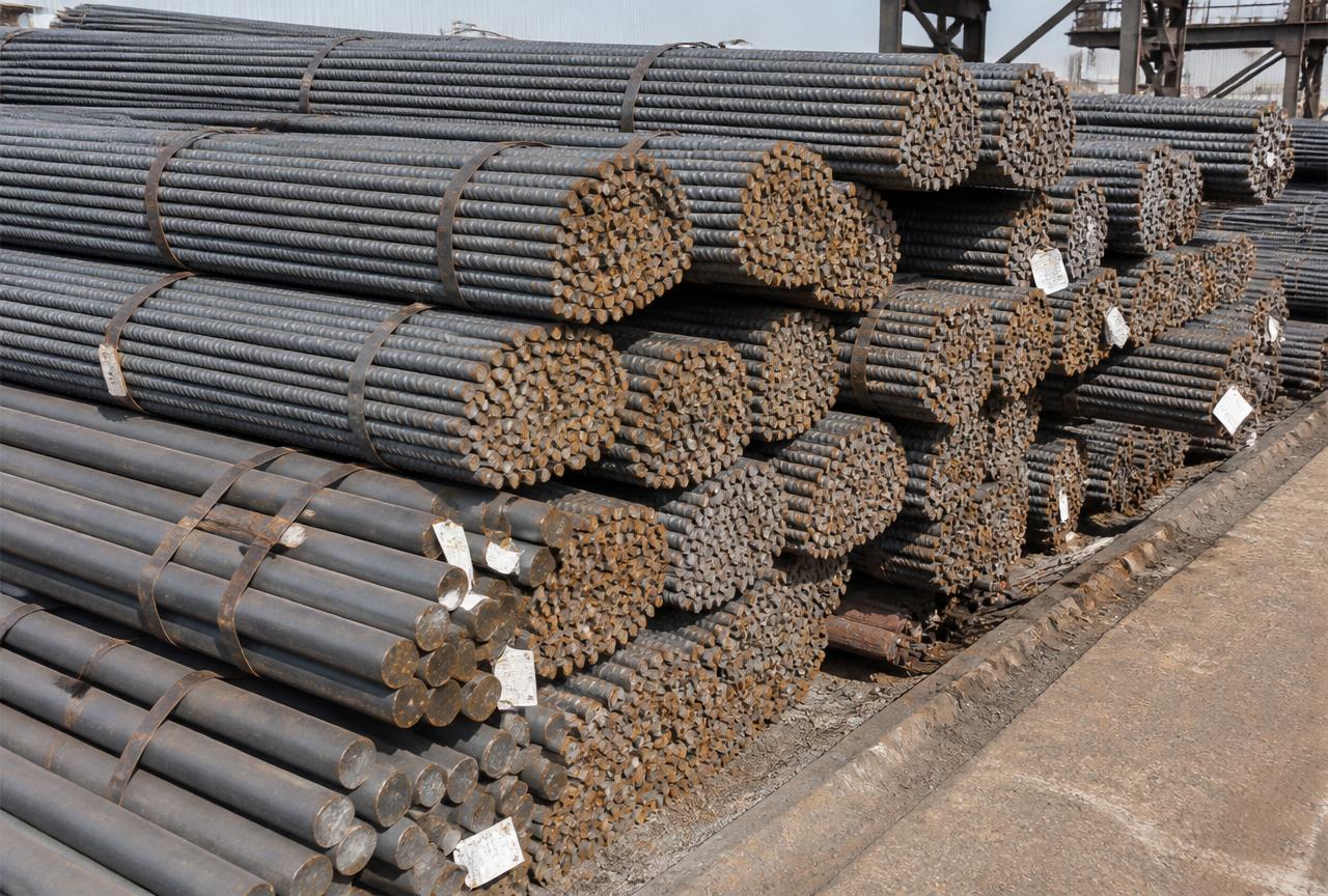 Bundles of ribbed steel reinforcing bar and round bar stock in a steel yard