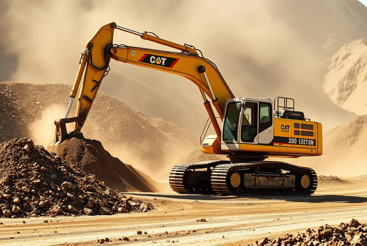 Tracked excavator loading material at an open pit