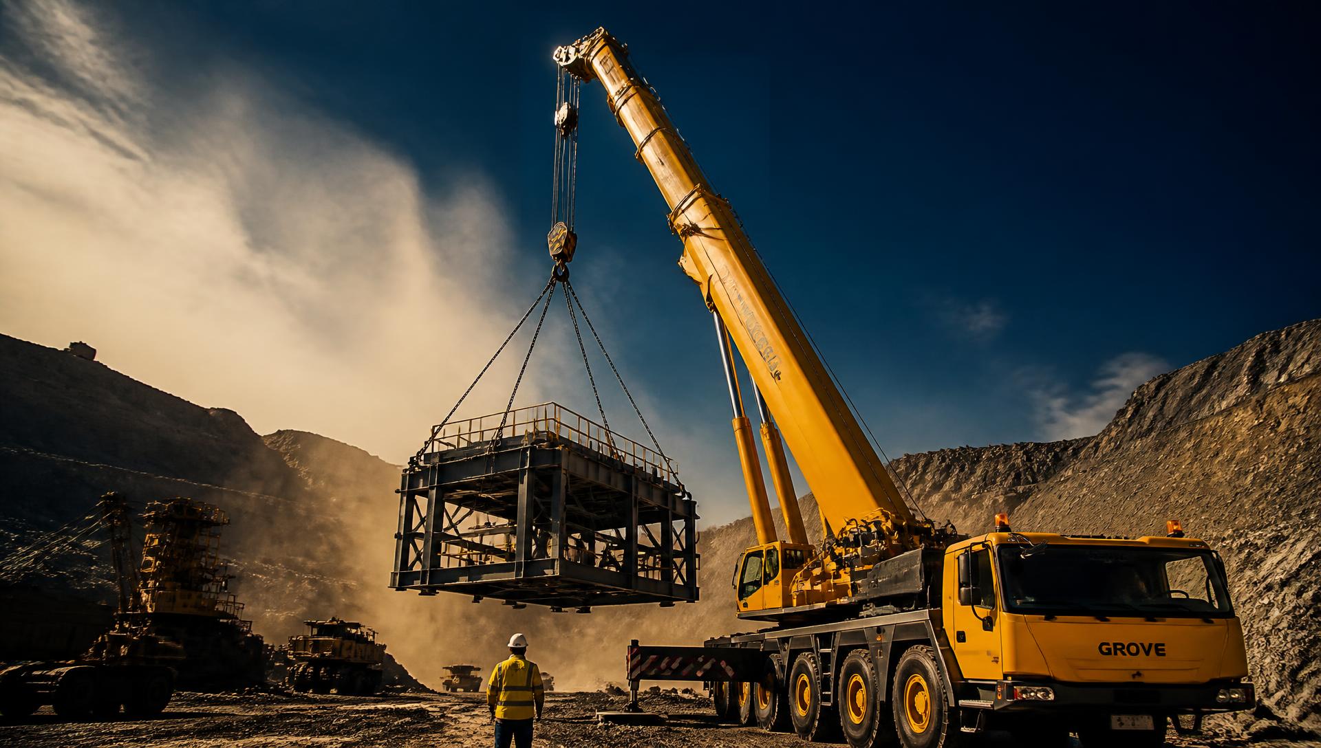 Truck-mounted crane lifting a steel structure at a South African mine